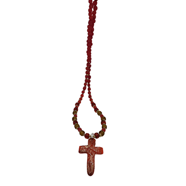 Red Glass Cross with Handmade Recycled Glass from Ghana