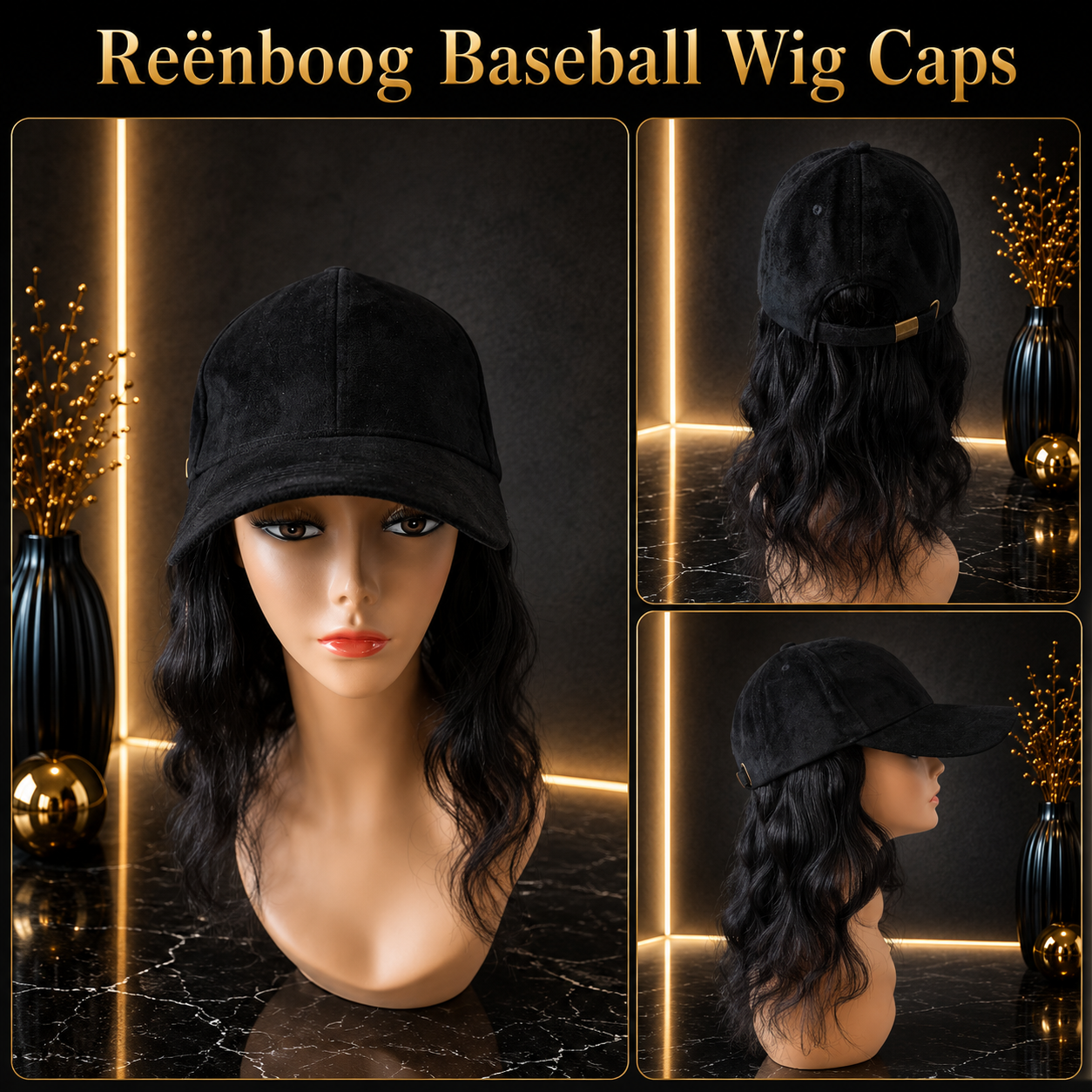 Classic Micro Suede Black Baseball Cap w/ Brazilian Human Hair 14"