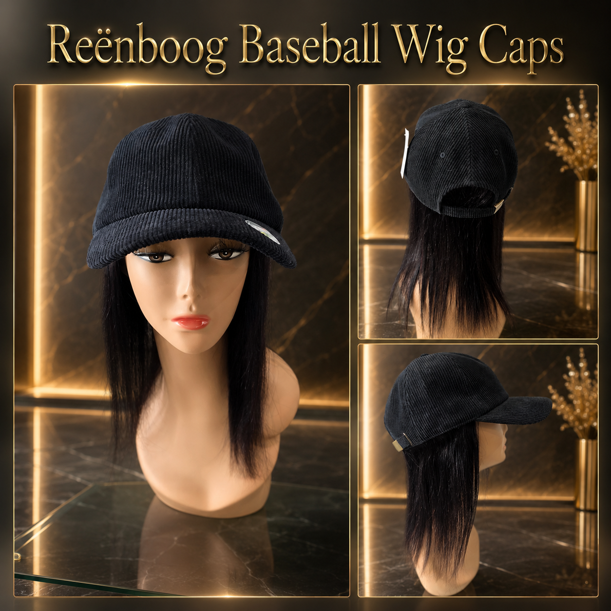 Corduroy Black Baseball Cap w/ Indian Remy Human Hair Aprox.12"