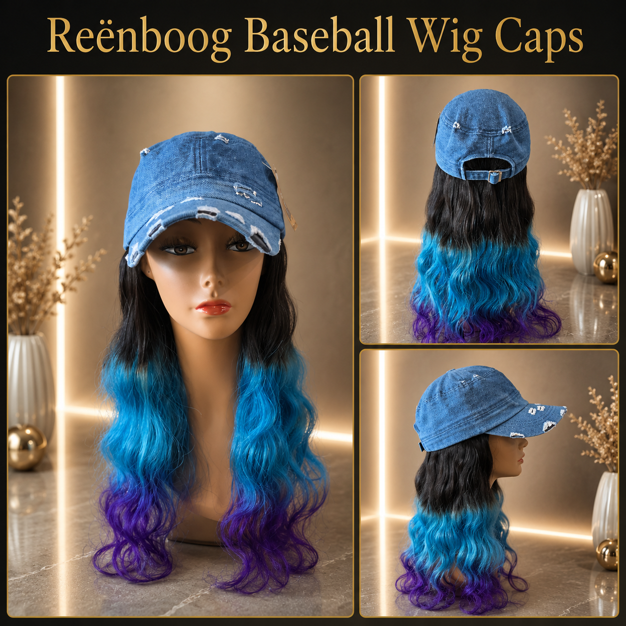 Distress Denim Army Cap w/1B/Blue/Purple Brazilian Human Hair Aprox. 20"