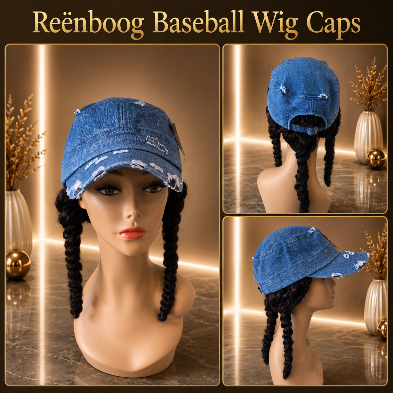 Distress Denim Army Cap w/Kinky Curly Human Hair Aprox.20"