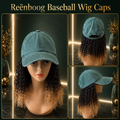 Vintage Washed Trucker Baseball Cap w/Kinky Curly Ombre Human Hair Aprox. 18" Hunter Grn.