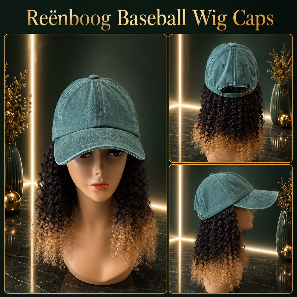 Vintage Washed Trucker Baseball Cap w/Kinky Curly Ombre Human Hair Aprox. 18" Hunter Grn.