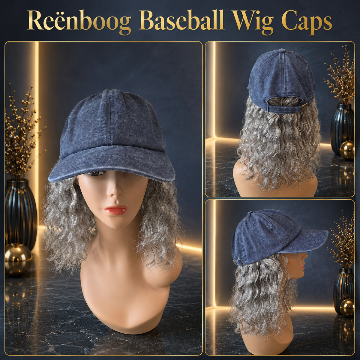 Vintage Washed Trucker Hat Baseball Cap w/ Silver Fox Deep Wave Human Hair Aprox. 10" Blue 51