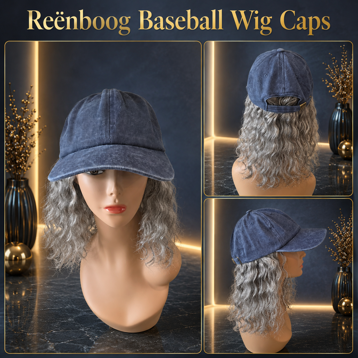 Vintage Washed Trucker Hat Baseball Cap w/ Silver Fox Deep Wave Human Hair Aprox. 10" Blue 51