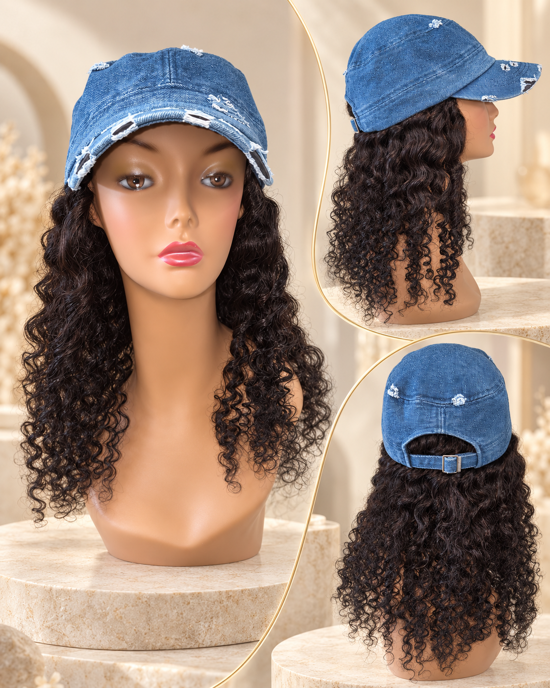 Distress Denim Army Cap w/Mongolian Kinky Curly Human Hair Approx. 20"