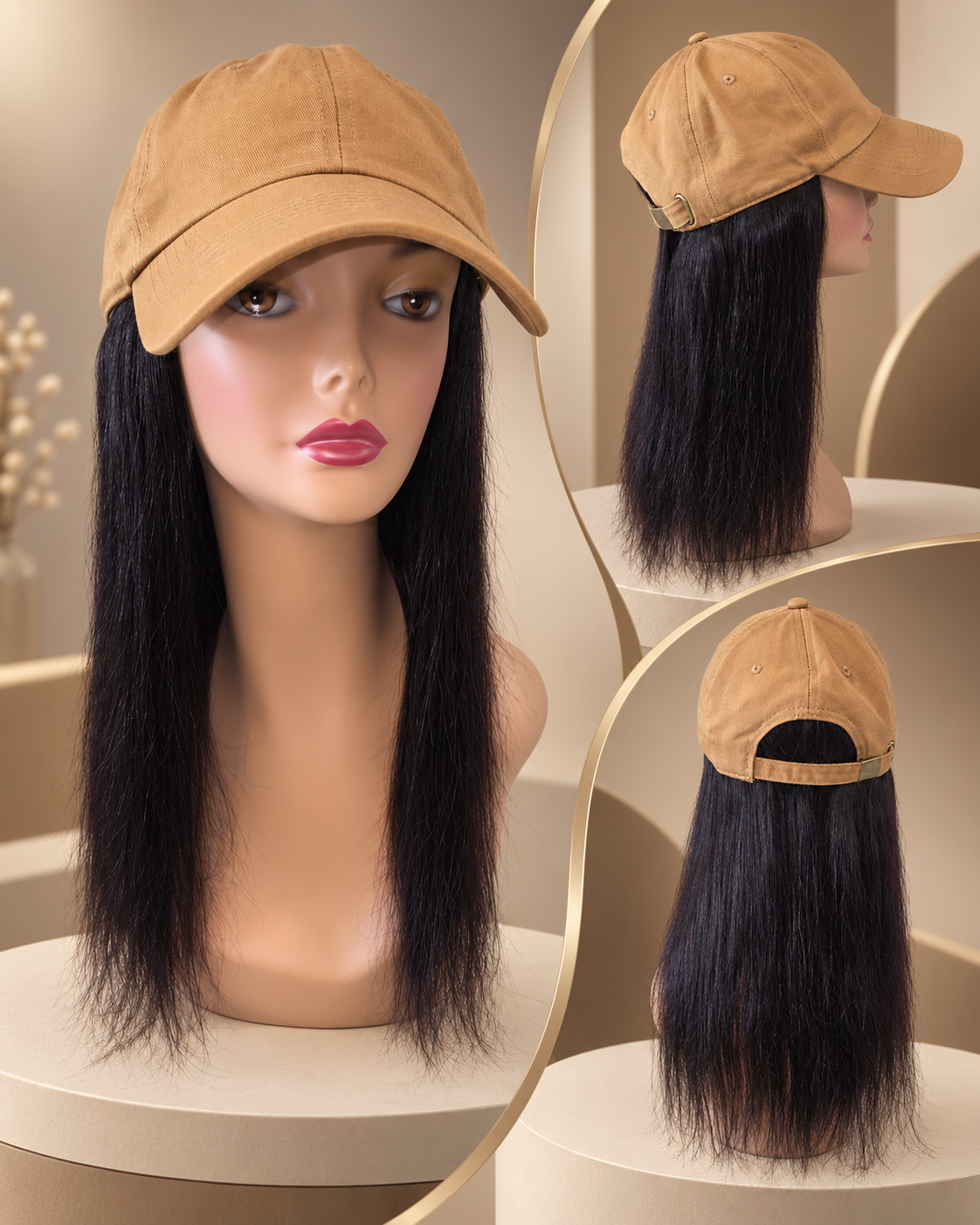 Tan Cotton Baseball Cap w/ Indian Remy Human Hair Approx. 16"