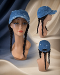 Distress Denim Army Cap w/Mongolian Kinky Curly Human Hair Approx. 20"