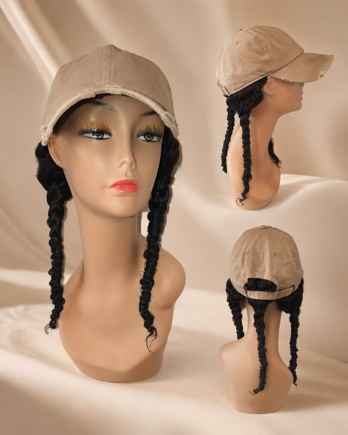 Distress Beige Army Cap w/Mongolian Kinky Curly Human Hair Approx. 20"