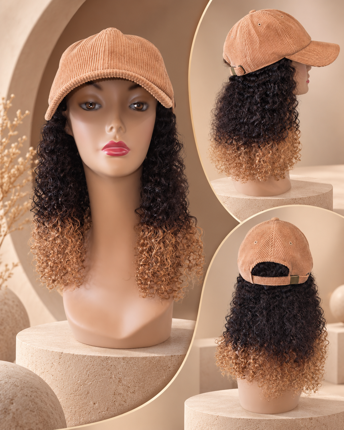 Corduroy Baseball Cap w/ Kinky Curly Ombre Human Hair Approx. 18" 1B/30