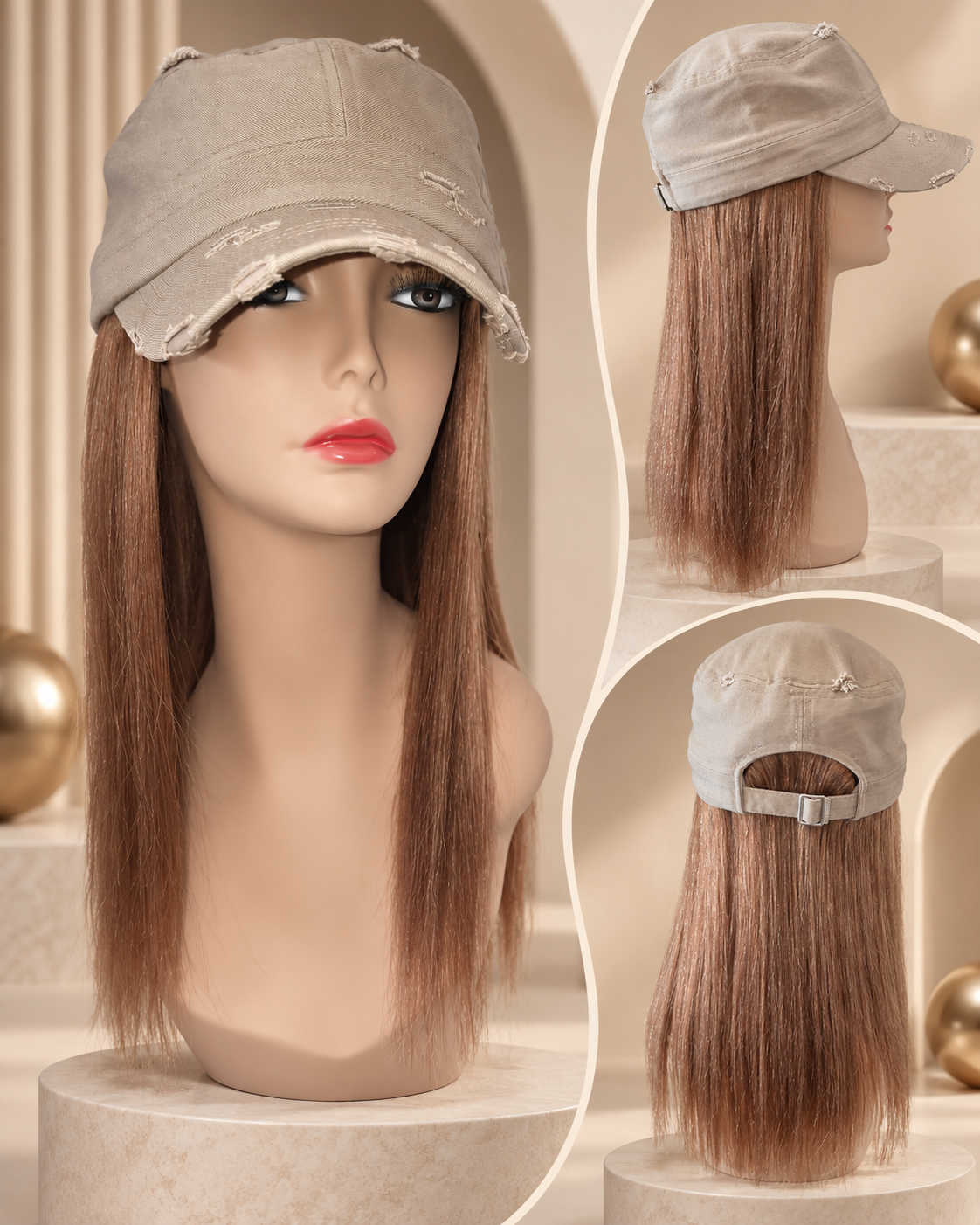 Beige Distress Army Cap w/ Indian Remy Yaki Human Hair Approx.14" #30