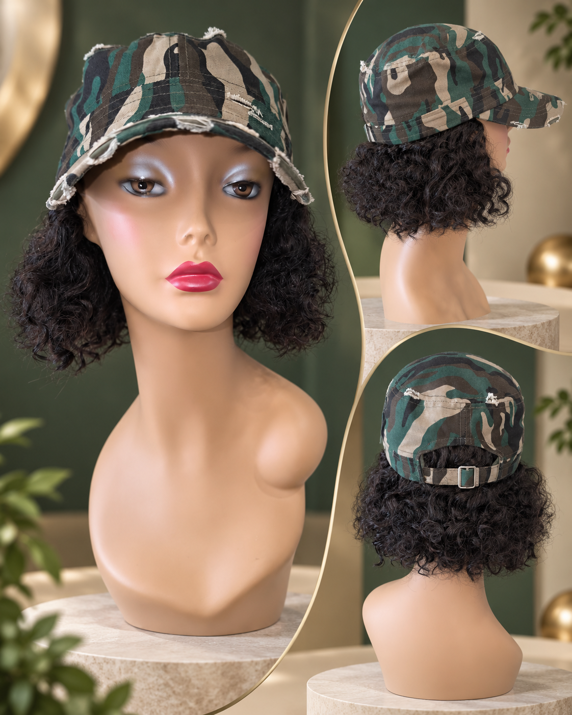 Camo Distress Army Cap w/ Mongolian Kinky Curly Human Hair Approx. 8"