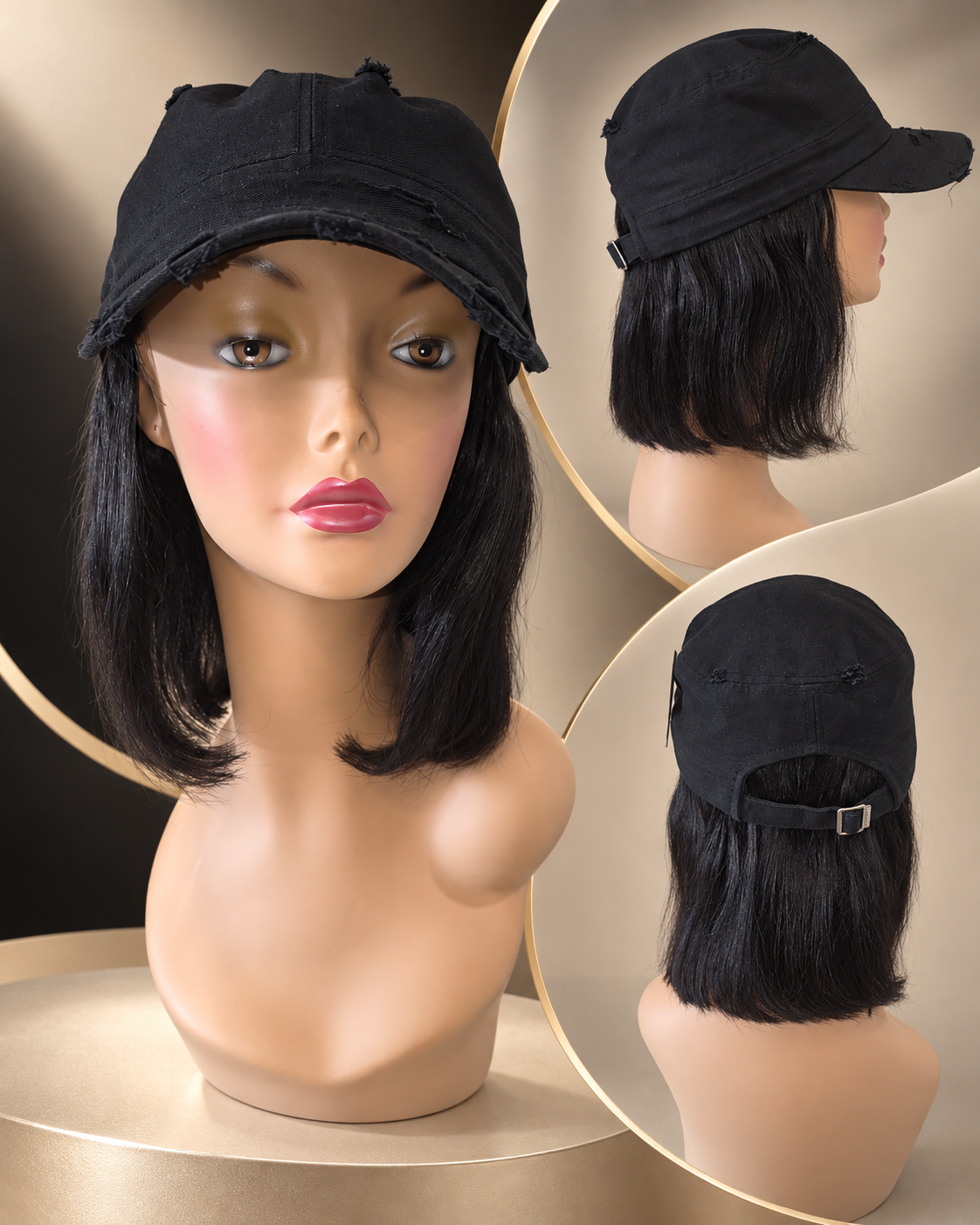 Distress Black Army Cap w/ Brazilian Human Hair, Approx 8"